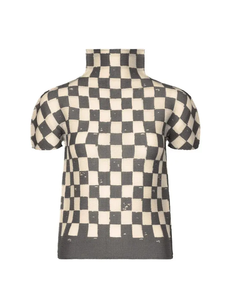 LANMREM Pleated Short Sleeved Women's T-shirt 2025 New High Quality Plaid Printed Pullover Stand Collar Blue Tee Top 2DB3000