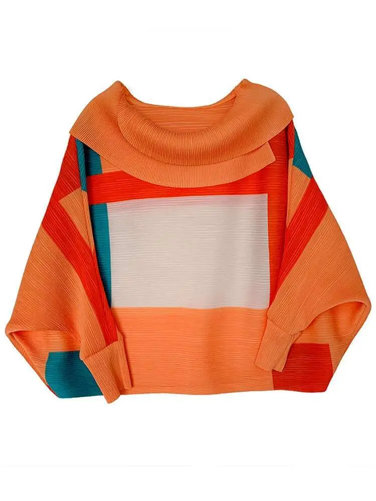 LANMREM 2025 Fashion New Pleated T-shirt For Women Laple Long Sleeves Loose Tops Color Block Female Clothing Spring 2YA771