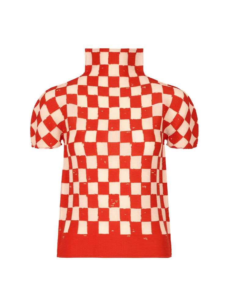 LANMREM Pleated Short Sleeved Women's T-shirt 2025 New High Quality Plaid Printed Pullover Stand Collar Blue Tee Top 2DB3000