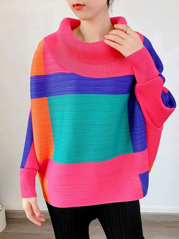LANMREM 2025 Fashion New Pleated T-shirt For Women Laple Long Sleeves Loose Tops Color Block Female Clothing Spring 2YA771