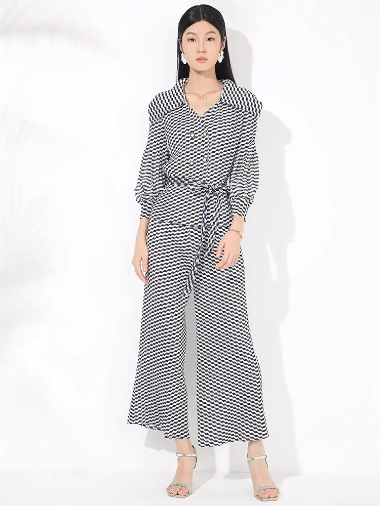 LANMREM Pleated Black And White Printed Temperament Women's Set Lapel Bubble Sleeves Lace Up Top And High Waist Wide Leg Pants