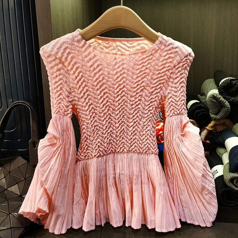 LANMREM High-end Spliced Pleated Top 2025 New Fashion Pink Loose Design Elastic Puff Sleeve O-neck Women's T-shirt Chic 2DB3331