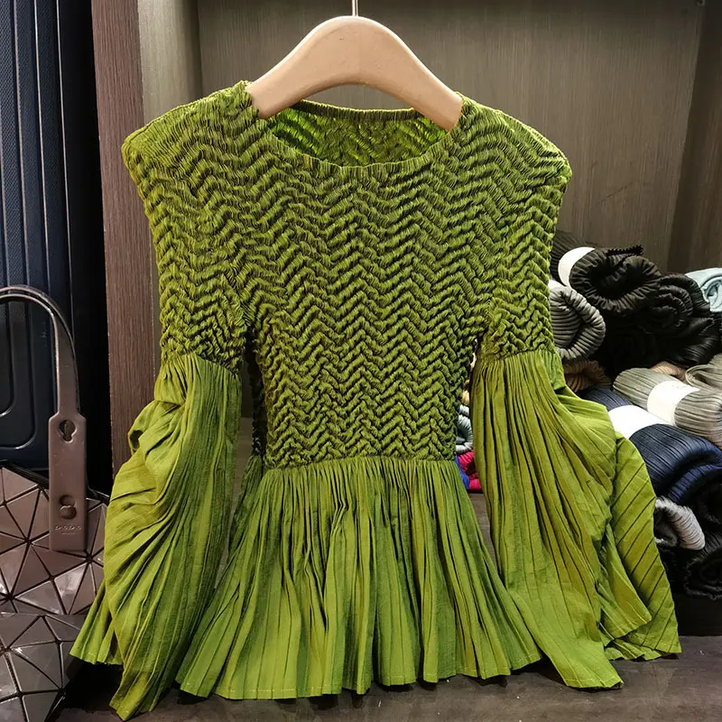 LANMREM High-end Spliced Pleated Top 2025 New Fashion Pink Loose Design Elastic Puff Sleeve O-neck Women's T-shirt Chic 2DB3331