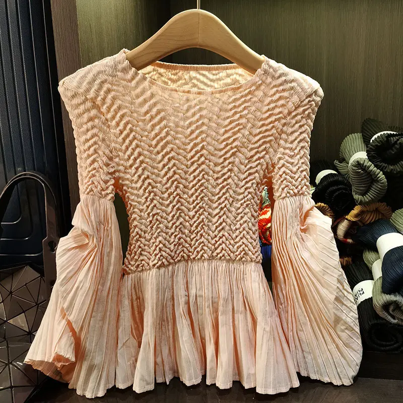 LANMREM High-end Spliced Pleated Top 2025 New Fashion Pink Loose Design Elastic Puff Sleeve O-neck Women's T-shirt Chic 2DB3331