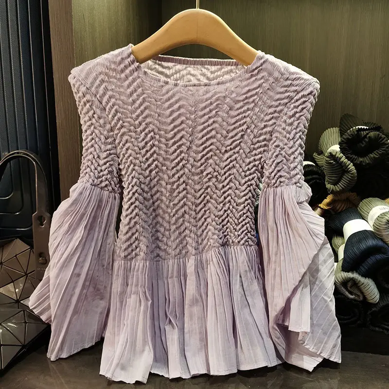 LANMREM High-end Spliced Pleated Top 2025 New Fashion Pink Loose Design Elastic Puff Sleeve O-neck Women's T-shirt Chic 2DB3331