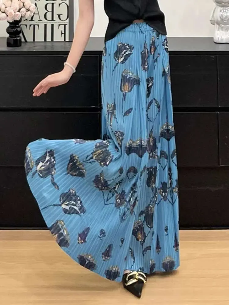 LANMREM Blue Printting Women's Wide Leg Pants Elegant Temperament Versatile Loose Elastic High Waist Pleated Trousers 2DB3378