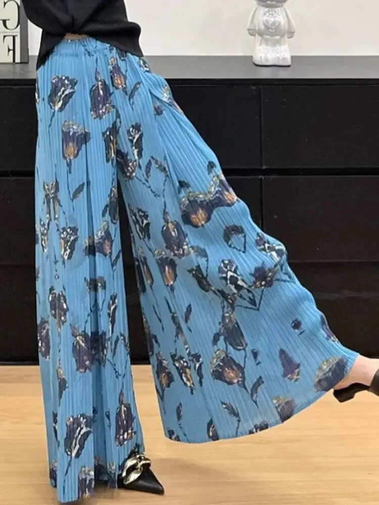 LANMREM Blue Printting Women's Wide Leg Pants Elegant Temperament Versatile Loose Elastic High Waist Pleated Trousers 2DB3378