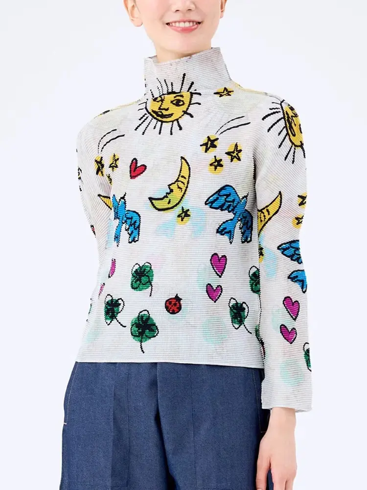 LANMREM Niche Chic Slim Printed Design Stand Collar Pleated Women's T-shirt 2025 New Pullover Top Long Sleeve Casual Tee 2DB2998