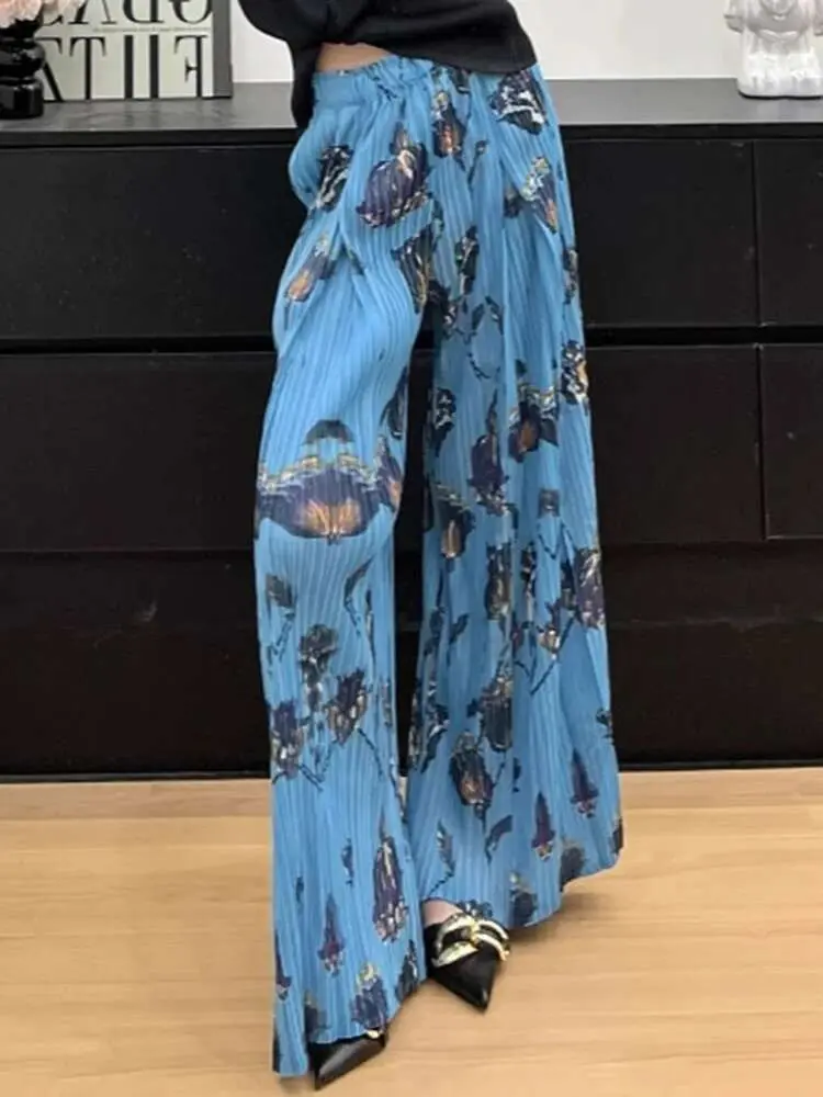 LANMREM Blue Printting Women's Wide Leg Pants Elegant Temperament Versatile Loose Elastic High Waist Pleated Trousers 2DB3378