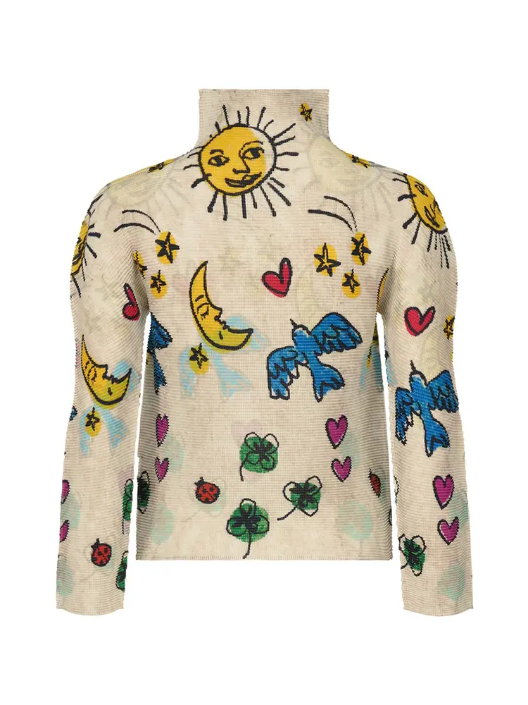 LANMREM Niche Chic Slim Printed Design Stand Collar Pleated Women's T-shirt 2025 New Pullover Top Long Sleeve Casual Tee 2DB2998