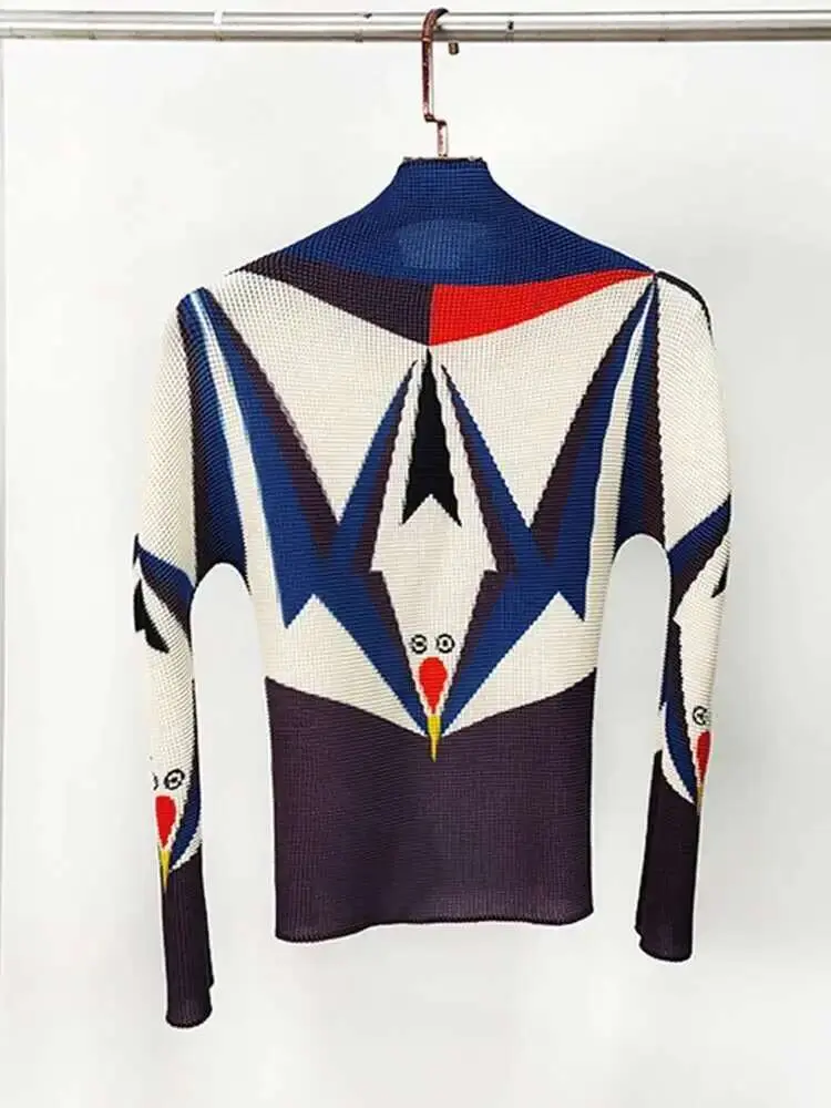 LANMREM Graffiti Pleated T-shirt Women Turtleneck Long Sleeves Contrast Color Slim Thin Shirt Female Trendy Top Clothes 2DB1125