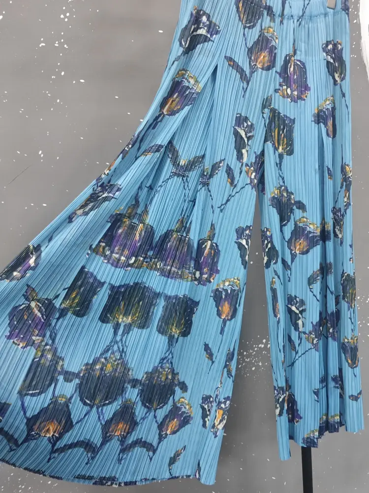 LANMREM Blue Printting Women's Wide Leg Pants Elegant Temperament Versatile Loose Elastic High Waist Pleated Trousers 2DB3378