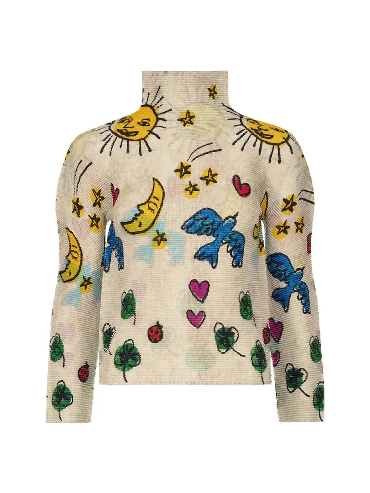 LANMREM Niche Chic Slim Printed Design Stand Collar Pleated Women's T-shirt 2025 New Pullover Top Long Sleeve Casual Tee 2DB2998