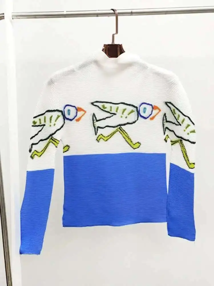 LANMREM Graffiti Pleated T-shirt Women Turtleneck Long Sleeves Contrast Color Slim Thin Shirt Female Trendy Top Clothes 2DB1125