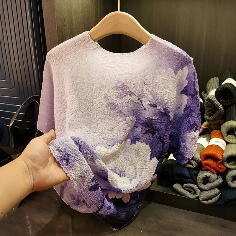LANMREM Chinese Style Printed Round Neck Blue T-shirt For Women Niche Design Loose Short Sleeve Casual Pleated Tops Chic 2DB3219