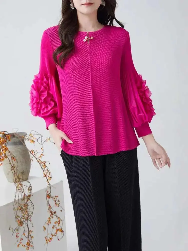 LANMREM Three Dimensional Flower Splicing Long Sleeved T-shirt For Women 2025 New Niche Chic Green Pleasted Tee Tops 2DB2592