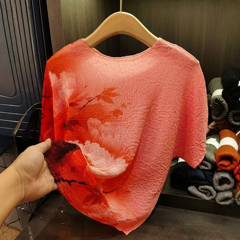LANMREM Chinese Style Printed Round Neck Blue T-shirt For Women Niche Design Loose Short Sleeve Casual Pleated Tops Chic 2DB3219