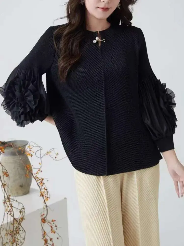 LANMREM Three Dimensional Flower Splicing Long Sleeved T-shirt For Women 2025 New Niche Chic Green Pleasted Tee Tops 2DB2592