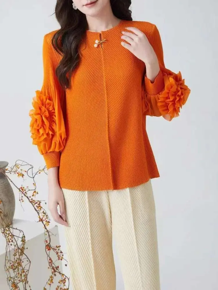 LANMREM Three Dimensional Flower Splicing Long Sleeved T-shirt For Women 2025 New Niche Chic Green Pleasted Tee Tops 2DB2592