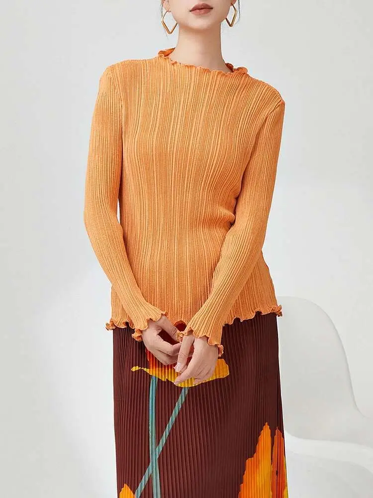 LANMREM Pleated T-shirt For Women Ruffles Collar Long Sleeves Solid Color Slim Style Female Top 2025 Spring New 2DB1078