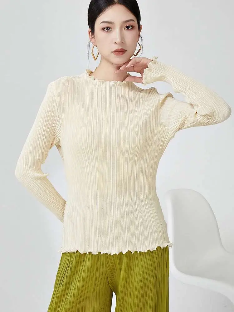 LANMREM Pleated T-shirt For Women Ruffles Collar Long Sleeves Solid Color Slim Style Female Top 2025 Spring New 2DB1078