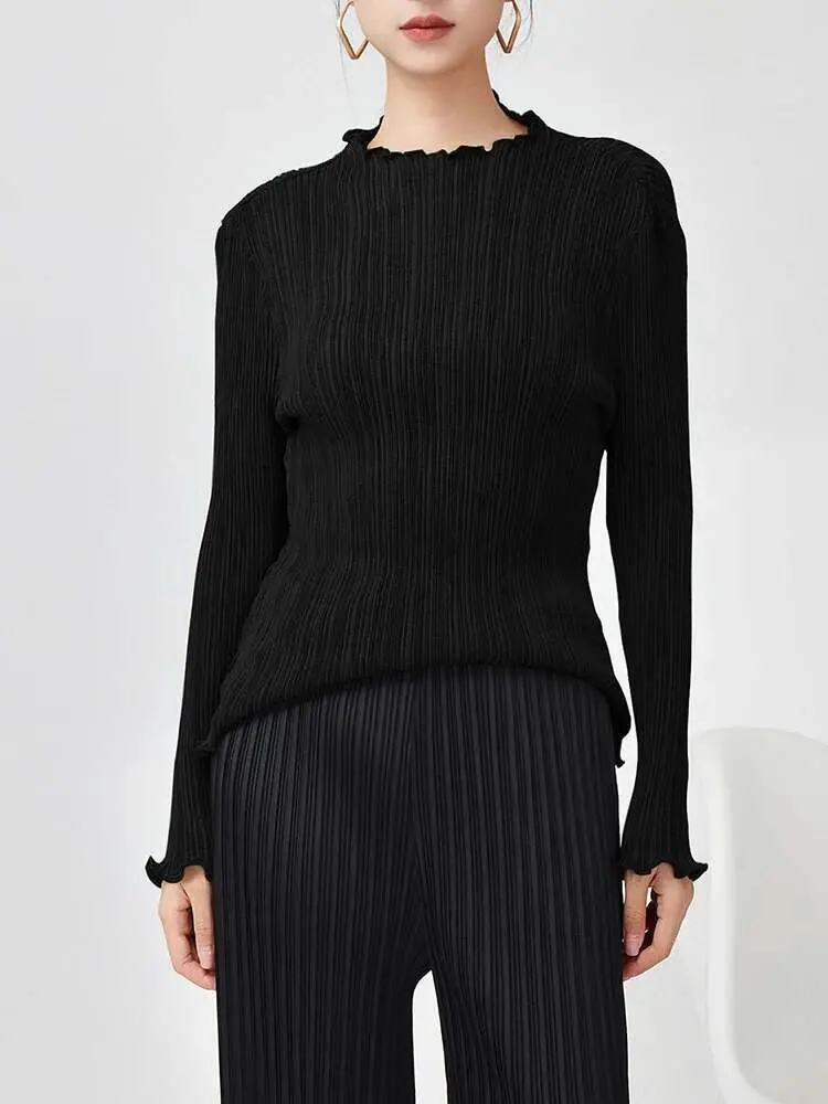 LANMREM Pleated T-shirt For Women Ruffles Collar Long Sleeves Solid Color Slim Style Female Top 2025 Spring New 2DB1078
