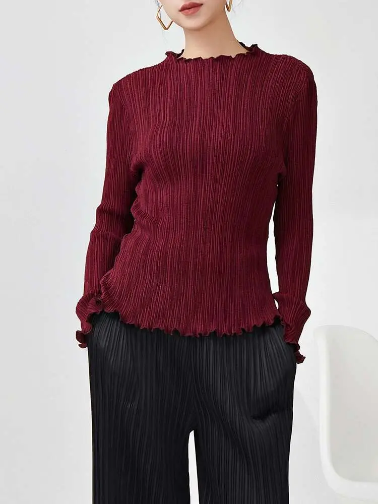 LANMREM Pleated T-shirt For Women Ruffles Collar Long Sleeves Solid Color Slim Style Female Top 2025 Spring New 2DB1078
