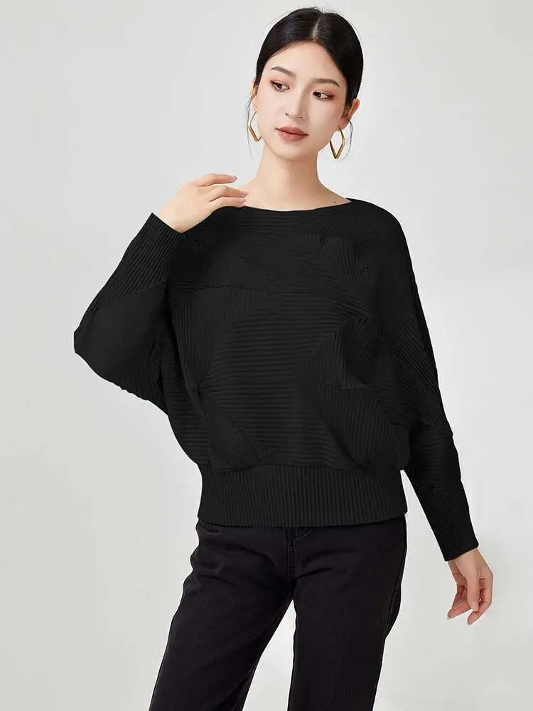 LANMREM Fold T-shirt For Women Round Neck Long Sleeves Gathered Waist Stitching Fashion Top 2025 Spring New Female 2DB1076