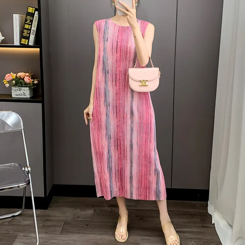 LANMREM Blue Pleated Striped Print Tank Dress Summer 2025 New Elastic Slimming Temperament Straight Dresses Chic Clothes 2DB3972