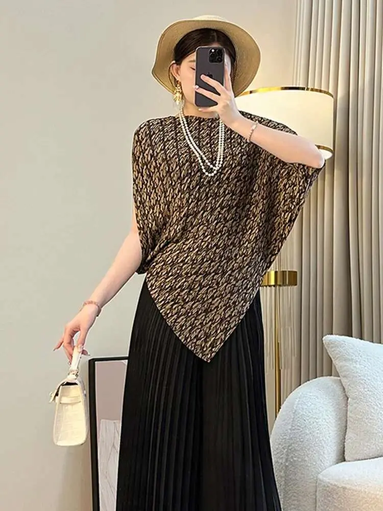 LANMREM Women's Plaid Pleated Loose T-shirt Slash Neck Short Sleeve Lace-up Casual Versatile Tops Fashion Summer 2025 New 2DE458