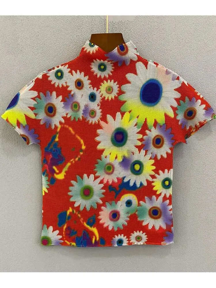 LANMREM Fashion Printed Pleated T-shirt For Women Turtleneck Short Sleeves Slim Tops Casual Female Clothing 2025 Summer 2YA747
