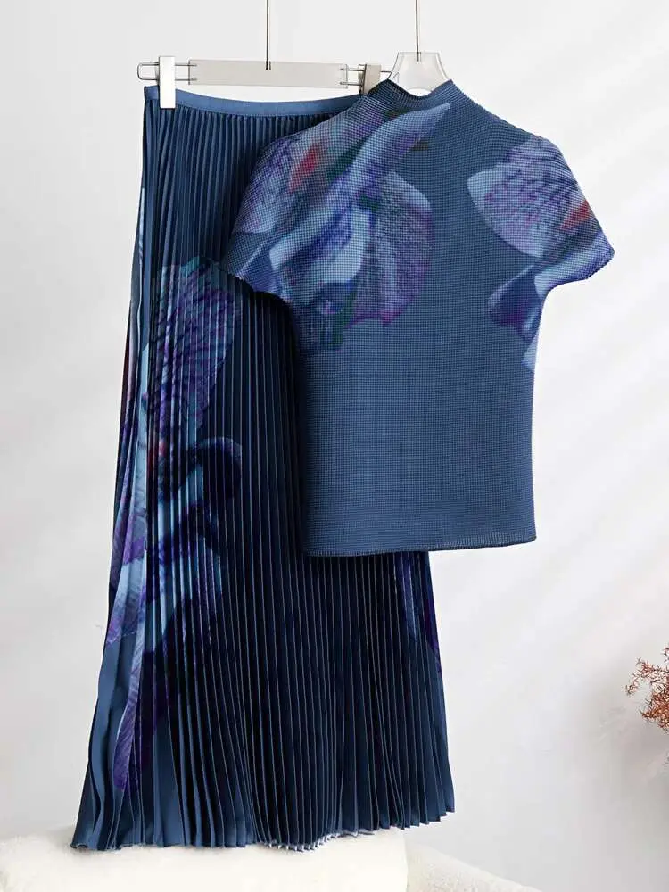 LANMREM Elegant Pleated 2 Pieces Set Printed For Women Pink Long Sleeves Slim Thin Tops High Waist Fold Skirts 2024 New 2YA1130
