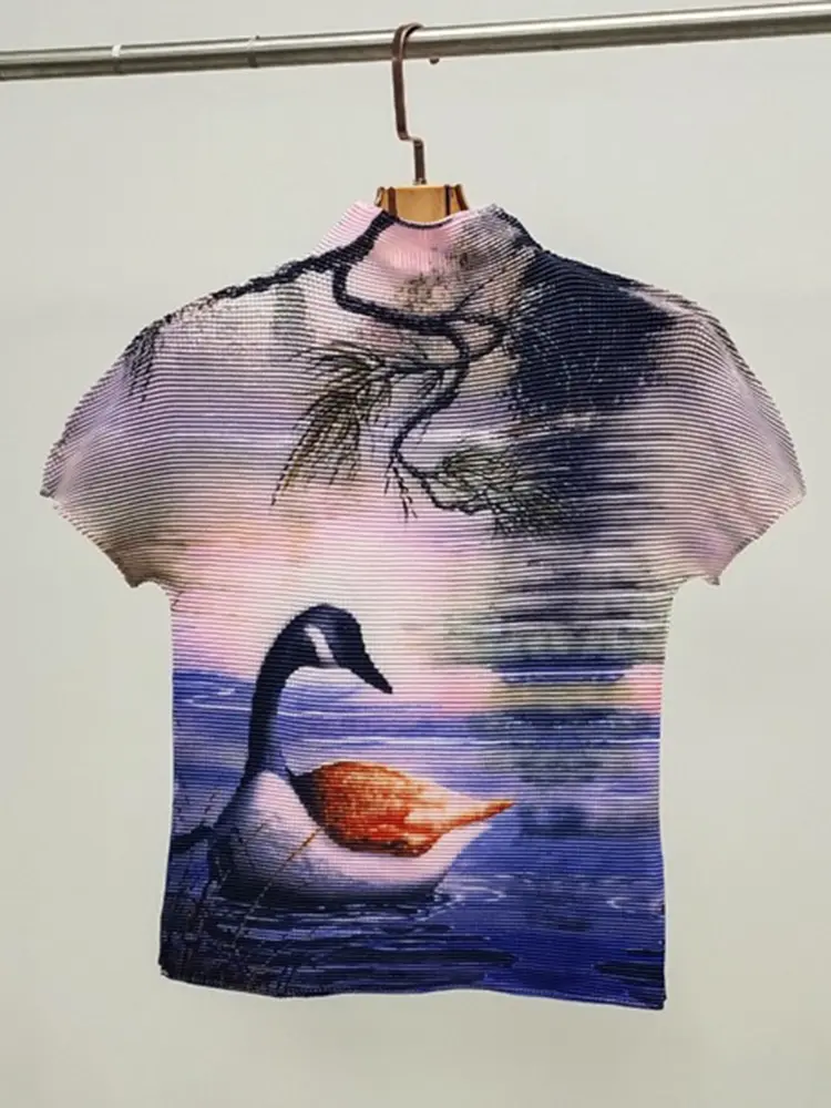 LANMREM Fashion Printed Pleated T-shirt For Women Turtleneck Short Sleeves Slim Tops Casual Female Clothing 2025 Summer 2YA747