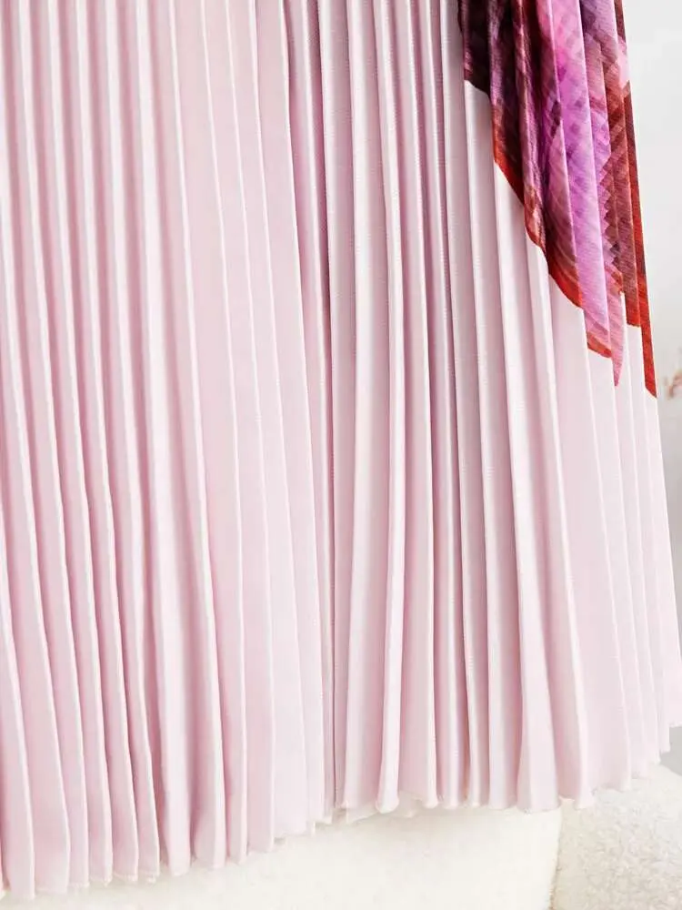 LANMREM Elegant Pleated 2 Pieces Set Printed For Women Pink Long Sleeves Slim Thin Tops High Waist Fold Skirts 2024 New 2YA1130
