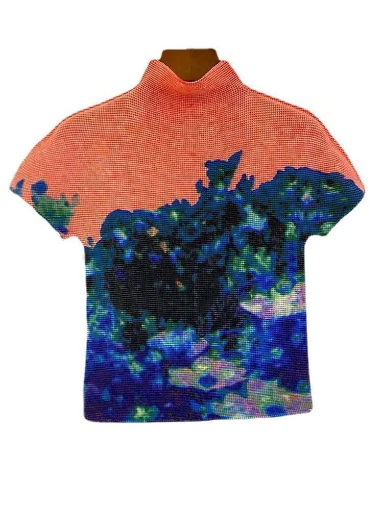 LANMREM Fashion Printed Pleated T-shirt For Women Turtleneck Short Sleeves Slim Tops Casual Female Clothing 2025 Summer 2YA747
