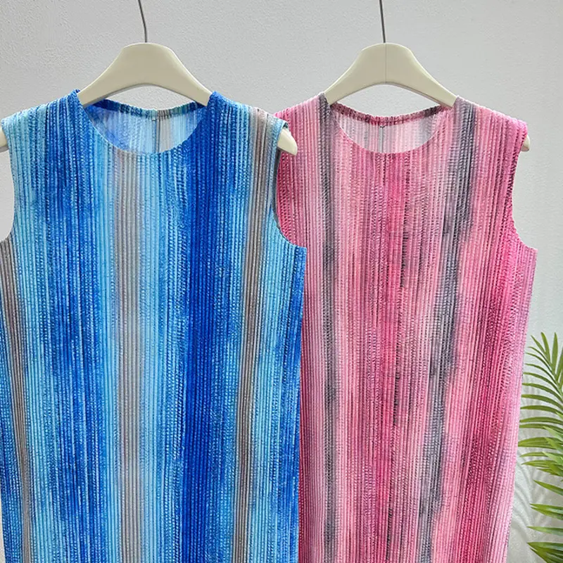 LANMREM Blue Pleated Striped Print Tank Dress Summer 2025 New Elastic Slimming Temperament Straight Dresses Chic Clothes 2DB3972