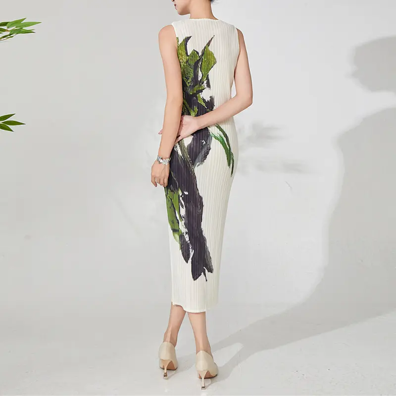 LANMREM Boutique Pleated Dress For Women High-End Printting Sleeveless Elastic Slim O-neck Long Dresses Summer New  2DB3785