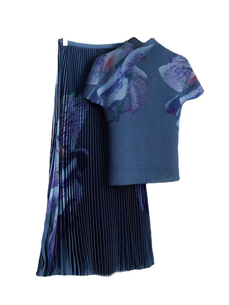 LANMREM Elegant Pleated 2 Pieces Set Printed For Women Pink Long Sleeves Slim Thin Tops High Waist Fold Skirts 2024 New 2YA1130