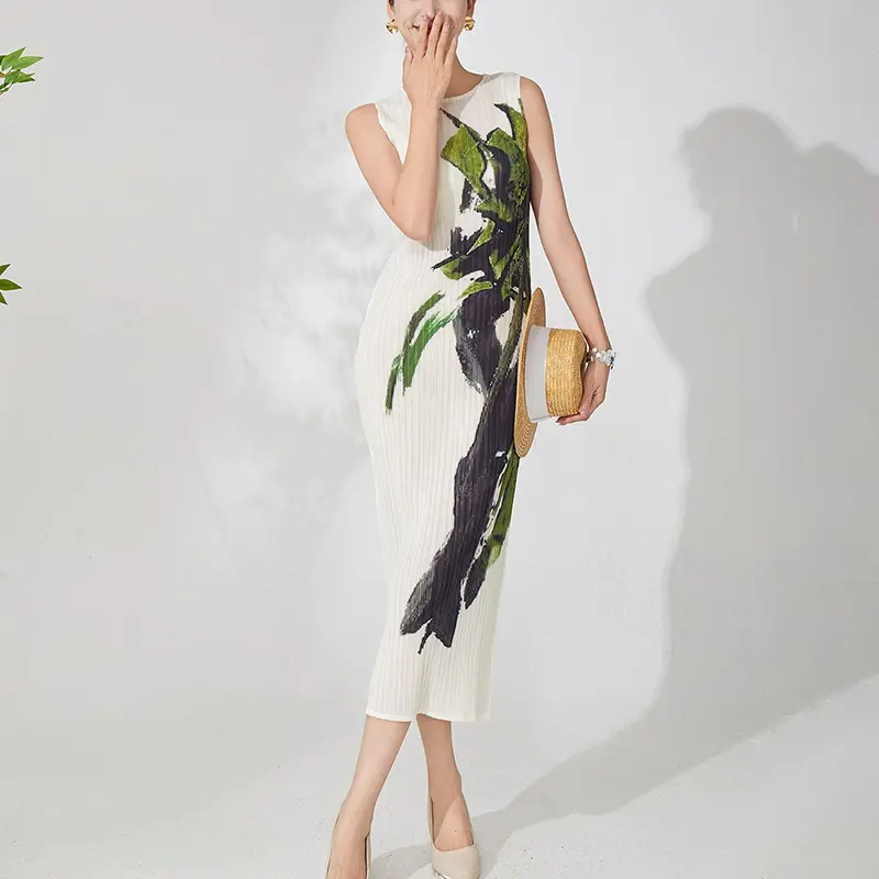 LANMREM Boutique Pleated Dress For Women High-End Printting Sleeveless Elastic Slim O-neck Long Dresses Summer New  2DB3785