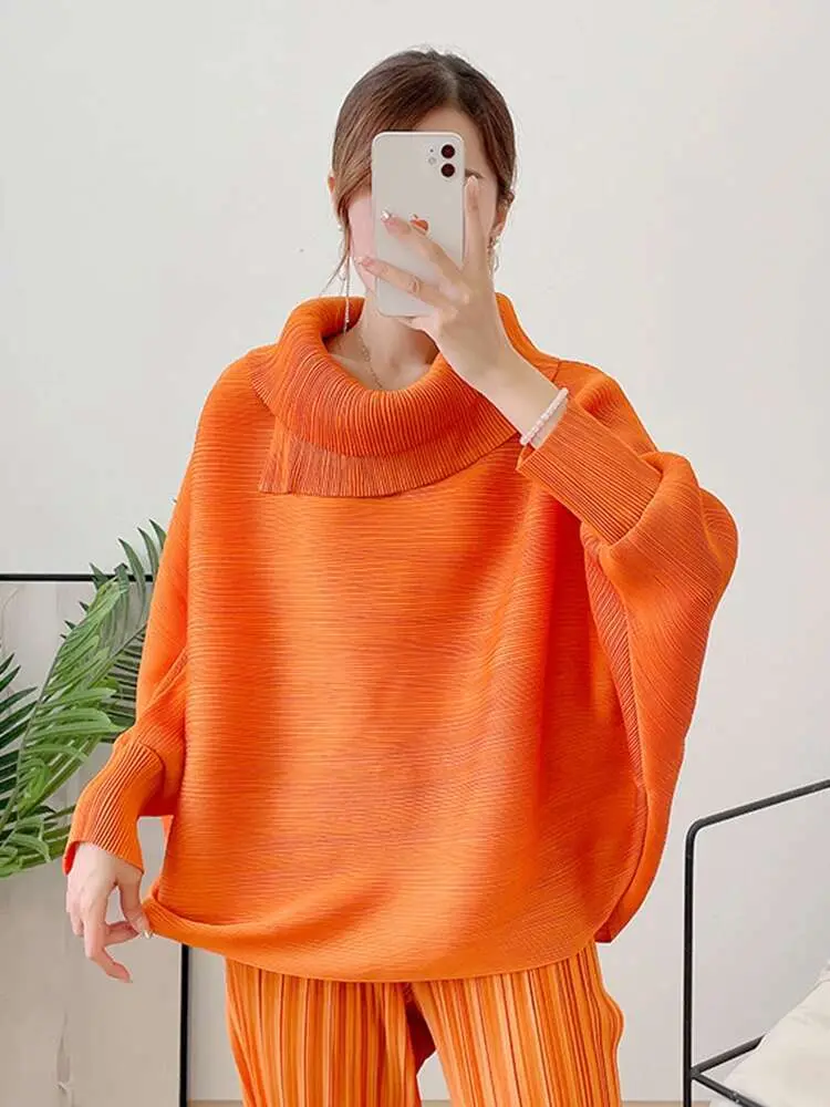 LANMREM Pleated T-shirt For Women Lapel Batwing Sleeves Solid Color Loose Casual Style Female Trendy Top Spring New 2DB2353