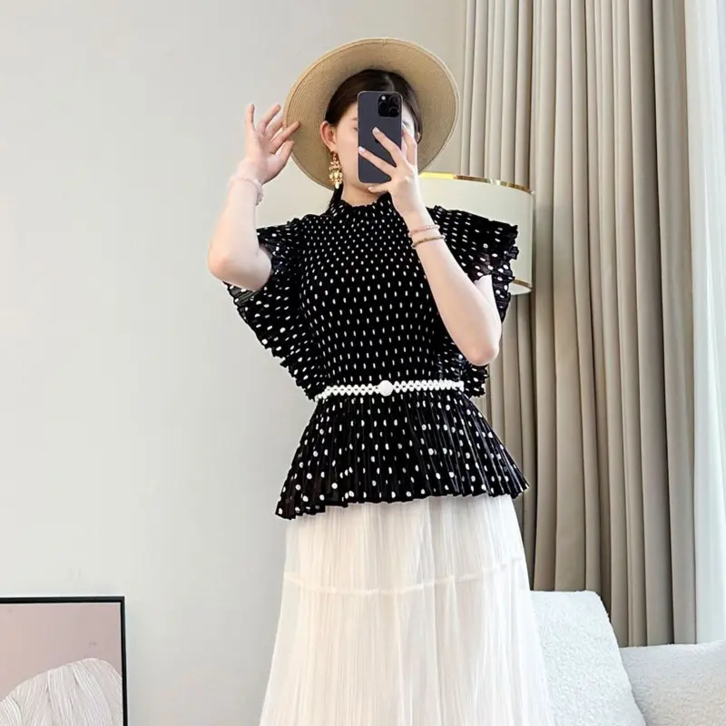 LANMREM Black Elastic Slim Dot Printting Pleated Women's T-shirt Summer Bawting Short Sleeve Stand Collar Pullover Top 2DB3375