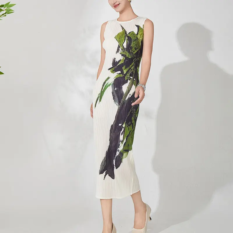 LANMREM Boutique Pleated Dress For Women High-End Printting Sleeveless Elastic Slim O-neck Long Dresses Summer New  2DB3785
