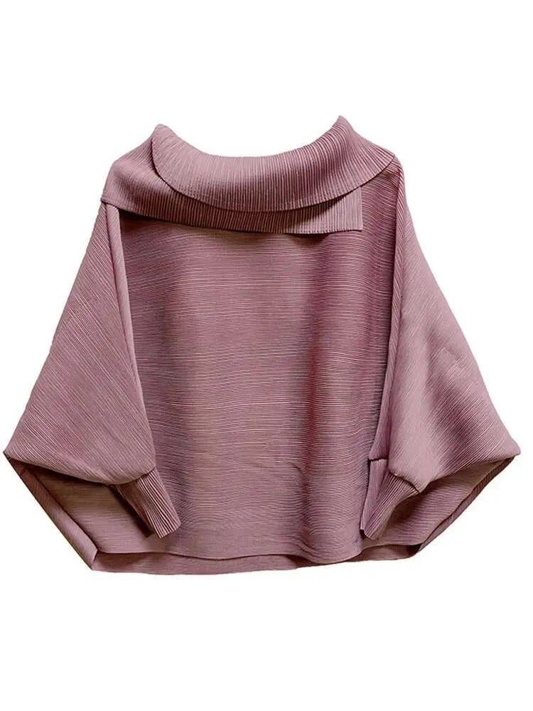 LANMREM Pleated T-shirt For Women Lapel Batwing Sleeves Solid Color Loose Casual Style Female Trendy Top Spring New 2DB2353