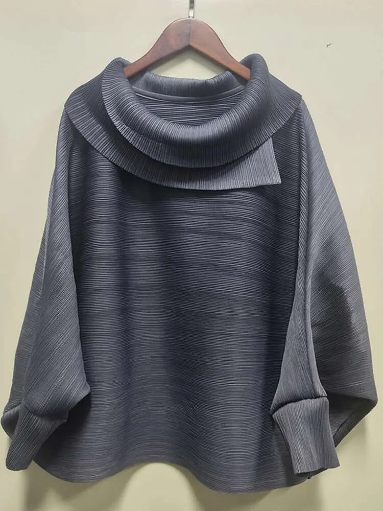 LANMREM Pleated T-shirt For Women Lapel Batwing Sleeves Solid Color Loose Casual Style Female Trendy Top Spring New 2DB2353