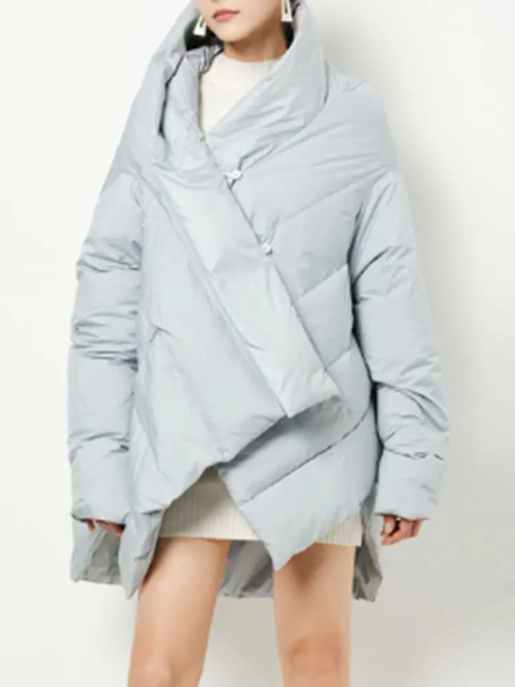 LANMREM Winter Big Size Down Coat For Women Fashion Irregular Design A-line Solid Color Loose Mid Length Clothing 2VV223