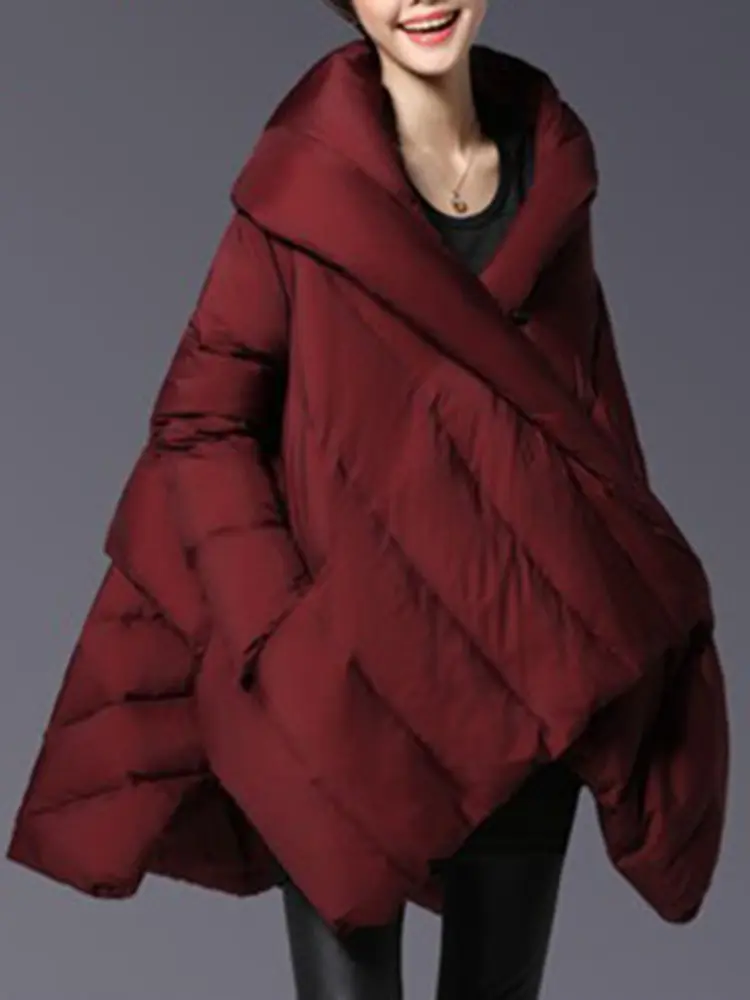 LANMREM Winter Big Size Down Coat For Women Fashion Irregular Design A-line Solid Color Loose Mid Length Clothing 2VV223
