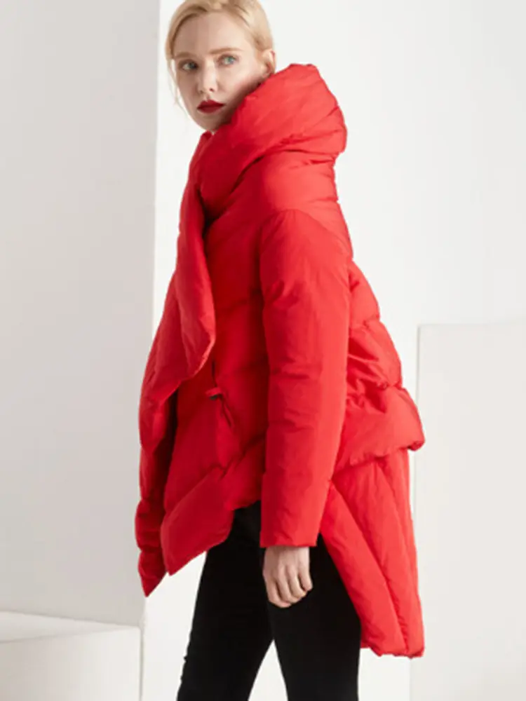 LANMREM Winter Big Size Down Coat For Women Fashion Irregular Design A-line Solid Color Loose Mid Length Clothing 2VV223