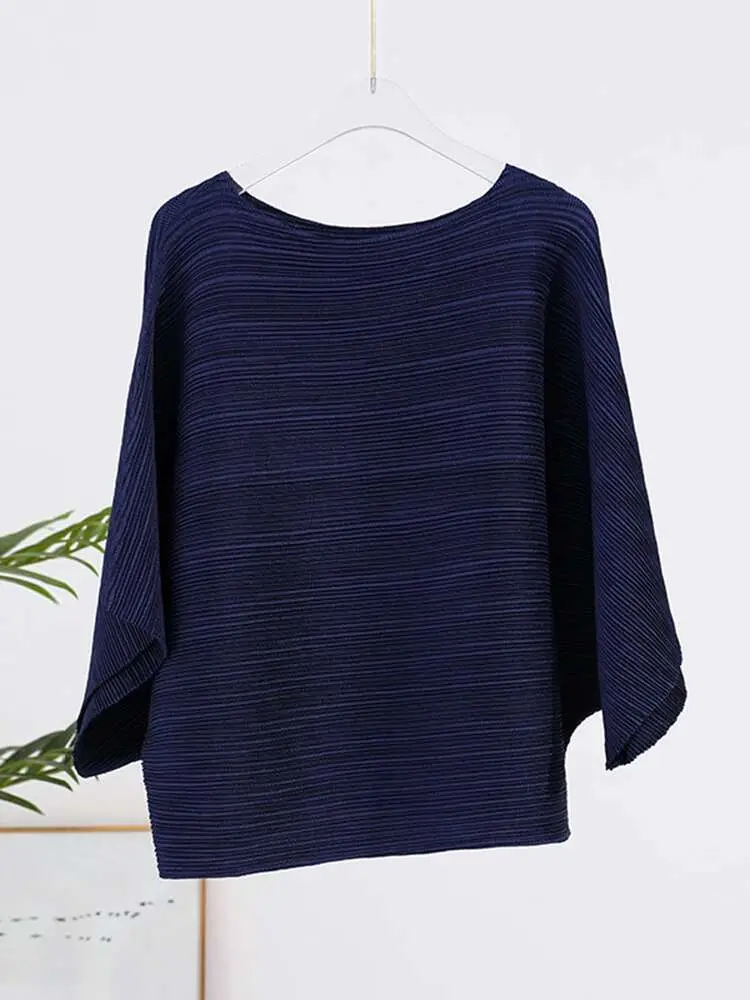 LANMREM Loose Pleated T-shirt For Women Batwing Sleeves Solid Color Casual Top Female Comfortable Top Clothing 2024 New 2DA3991