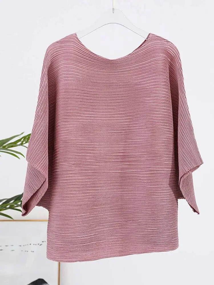 LANMREM Loose Pleated T-shirt For Women Batwing Sleeves Solid Color Casual Top Female Comfortable Top Clothing 2024 New 2DA3991