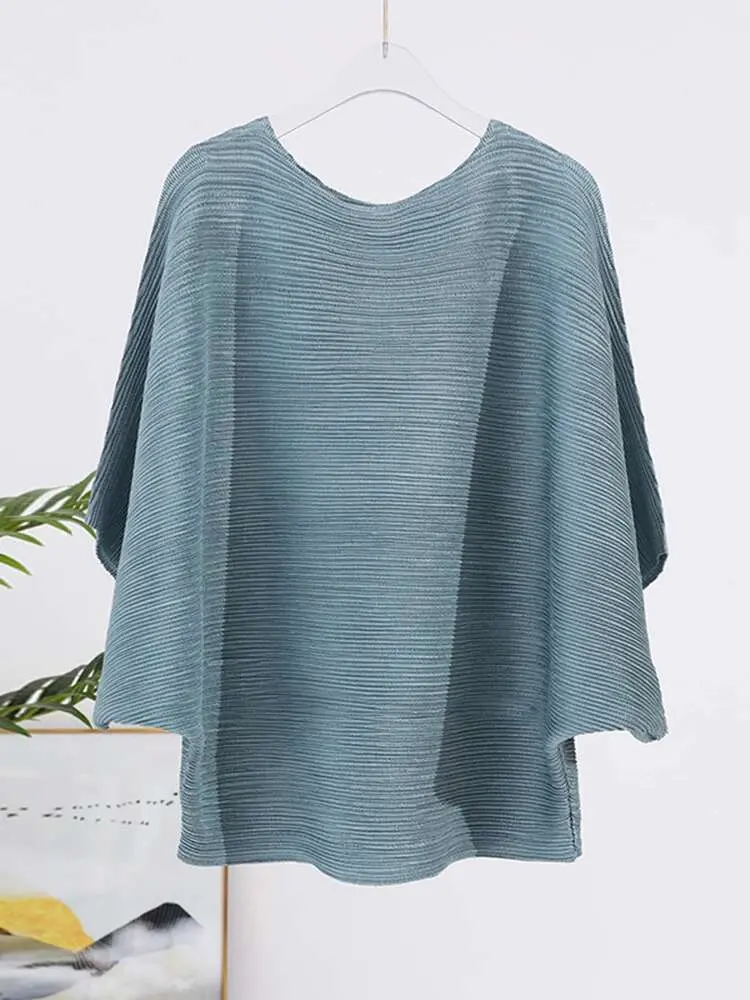 LANMREM Loose Pleated T-shirt For Women Batwing Sleeves Solid Color Casual Top Female Comfortable Top Clothing 2024 New 2DA3991